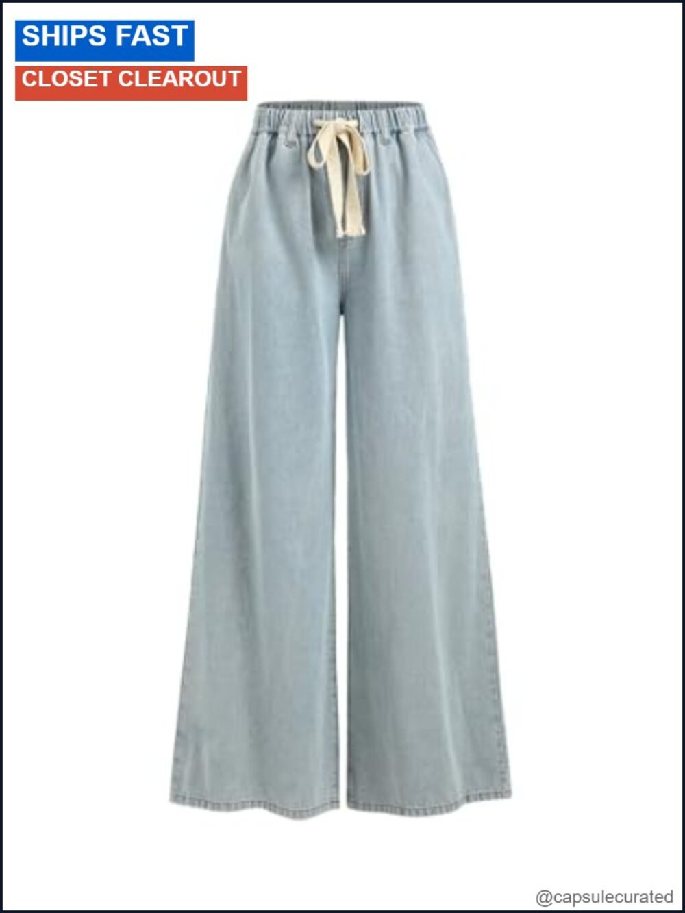 Drawstring Baggy Wide Leg Jeans High Waisted Pull On Denim Pants with Pockets